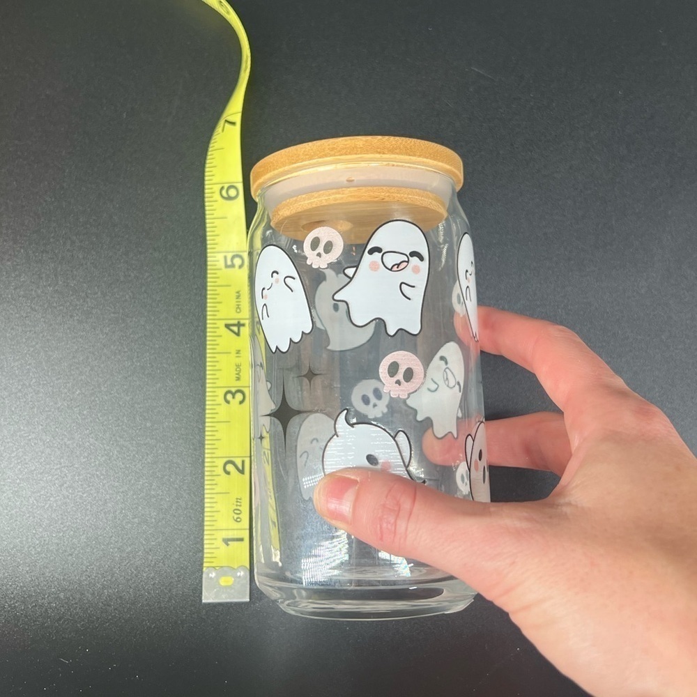 NWT Halloween glass beverage tumbler with ghosts, skulls, bows. Includes straw - Picture 8 of 8